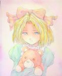  1girl blonde_hair blue_eyes bow chateaubriand hair_bow highres holding iris long_sleeves looking_at_viewer pink_background pink_bow sakura_taisen solo stuffed_animal stuffed_toy teddy_bear traditional_media upper_body watercolor_(medium) yuyu_(00365676) 