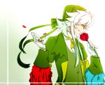  1boy bandana flower formal glasses gloves green_clothes mugen_infinite personification petals pokemon profile rose roserade smelling solo suit white_gloves white_hair 