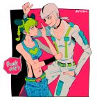  1boy 1girl black_hair blue_eyes braid donatello_versace double_bun green_hair jojo_no_kimyou_na_bouken kuujou_jolyne middle_finger white_hair yyy246 