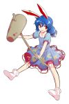  1girl animal_ears bloomers blue_hair dairi dress ear_clip full_body holding long_hair looking_at_viewer mallet open_mouth puffy_short_sleeves puffy_sleeves rabbit_ears red_eyes seiran_(touhou) short_dress short_sleeves simple_background socks solo touhou underwear white_background 