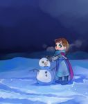  1girl anna_(frozen) child frozen_(disney) mittens murai_shinobu scarf snow snowman solo standing winter younger 