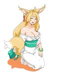  1girl :d animal_ears blonde_hair breasts cleavage earrings fox_ears fox_tail japanese_clothes jewelry kimono long_hair looking_at_viewer norakura_(nr_kura) open_mouth original simple_background smile socks solo tail white_background white_legwear yellow_eyes 