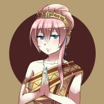  1girl alternate_costume alternate_hairstyle blue_eyes breasts caffein crown hands_together headset looking_at_viewer megurine_luka pink_hair smile solo vocaloid 