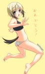  1girl :d artist_name ass bare_legs bare_shoulders barefoot black_hair blonde_hair butt_crack dated grey_eyes looking_at_viewer multicolored_hair open_mouth panties short_hair smile solo strike_witches tail tank_top translated two-tone_hair umyonge_(lkakeu) underwear ursula_hartmann v white_panties 