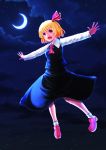  1girl :d absurdres blonde_hair crescent_moon floating hair_ribbon highres moon night night_sky open_mouth outstretched_arms red_eyes ribbon rumia shirt short_hair skirt sky smile spread_arms star_(sky) starry_sky touhou vest 