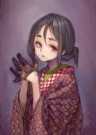  1girl black_gloves black_hair gloves highres japanese_clothes kimono mole mole_under_mouth original solo suzuno_(bookshelf) tied_hair violet_eyes 