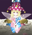  1girl american_flag_legwear american_flag_shirt blonde_hair clownpiece dated earth fairy_wings full_body gochisou_za_raitoningu hat jester_cap long_hair looking_at_viewer moon open_mouth pantyhose print_legwear short_sleeves sitting solo star star-shaped_pupils striped symbol-shaped_pupils touhou twitter_username violet_eyes wings 