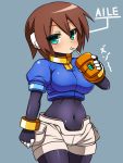  1girl aile blush breasts brown_hair character_name covered_navel green_eyes haniwagi_(hal) looking_at_viewer rockman rockman_zx short_hair shorts simple_background solo 