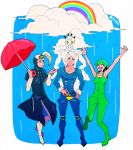  3boys blackmore catch_the_rainbow clouds foo_fighters green_hair hat jojo_no_kimyou_na_bouken multiple_boys overalls rainbow sky stand_(jojo) steel_ball_run umbrella weather_report weather_report_(stand) yyy246 