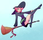  1girl amanda_o&#039;neill boots broom green_eyes hat little_witch_academia looking_at_viewer pink_hair short_hair simple_background smile solo teal_background witch witch_hat 