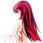  1girl glowing glowing_eye lethe-shion long_hair looking_at_viewer looking_back nude original red_eyes redhead simple_background solo white_background 