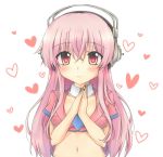 1girl blush breasts cleavage detached_collar hands_together headphones large_breasts long_hair looking_at_viewer midriff natsume_kei nitroplus own_hands_together pink_eyes pink_hair smile solo super_sonico 