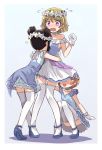  3girls :3 alternate_costume alternate_hairstyle bent_knees between_breasts black_hair blush breasts clenched_hands commentary_request double_bun dress embarrassed frilled_sleeves frills gloves head_between_breasts head_wreath hoshizora_rin hug koizumi_hanayo light_brown_hair love_live!_school_idol_project multiple_girls off_shoulder open_mouth shikei_(jigglypuff) short_hair short_sleeves tears thigh-highs under_skirt violet_eyes white_dress white_gloves white_legwear yazawa_nico yume_no_tobira zettai_ryouiki 