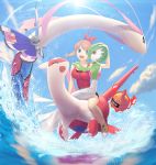  1girl antennae blue_eyes brown_hair butterfly closed_eyes flying gardevoir green_hair haruka_(pokemon) haruka_(pokemon)_(remake) insect latias milotic open_mouth pokemon pokemon_(creature) pokemon_(game) pokemon_oras red_eyes rotom short_hair smile vivillon water wings 