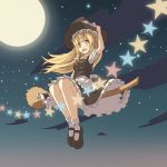  1girl apron arm_up blonde_hair bow braid broom broom_riding full_body full_moon hair_bow hair_ornament hasu_(pixiv13720981) hat hat_ribbon kirisame_marisa long_hair looking_at_viewer mary_janes moon night night_sky open_mouth puffy_sleeves ribbon shirt shoes short_sleeves side_braid single_braid sitting skirt skirt_set sky smile socks solo star star_(sky) touhou vest waist_apron white_legwear witch_hat yellow_eyes 