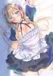  1girl apron black_dress blonde_hair blue_eyes blush breasts colored_eyelashes dress large_breasts long_hair looking_at_viewer lying maid maid_apron maid_headdress on_back open_mouth original puffy_short_sleeves puffy_sleeves short_dress short_sleeves solo yu_yu 
