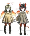  1boy 1girl angel_wings black_hair blonde_hair blush boots brother_and_sister child closed_eyes dress haiiro_teien holding_hands igls_unth ivlis long_hair multicolored_hair orange_eyes redhead short_hair siblings smile wings younger 