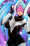  1girl absurdres alternate_costume blue_hair bodysuit breasts dj headphones helmet highres kkun88 large_breasts league_of_legends lips listening_to_music nose smile solo sona_buvelle visor 