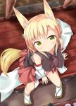  1girl absurdres animal_ears bare_shoulders detached_sleeves fox_ears fox_tail from_above highres japanese_clothes kemonomimi_mode looking_at_viewer nontraditional_miko numahata_tofu. original short_hair sitting solo tail wooden_floor yellow_eyes 