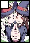  2girls :d akko_kagari blonde_hair blue_eyes blush border brown_hair cheek-to-cheek diana_cavendish hat holding_hands interlocked_fingers little_witch_academia long_hair multiple_girls open_mouth red_eyes smile uirou_(uirou1) witch witch_hat 