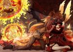  2boys 2girls arabian_clothes black_hair blonde_hair brother_and_sister closed_eyes demon_horns demon_wings detached_sleeves father_and_daughter father_and_son fire genie glasses haiiro_teien highres horns hug igls_unth ivlis military military_uniform multicolored_hair multiple_boys multiple_girls oil_lamp orange_hair ponytail redhead rieta siblings siralos sun trap uniform wings xinghuo yellow_eyes 