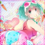  1girl aqua_eyes aqua_hair candy candy_candy_(song) carrot dress gumi hina_(milk_ti_leaf) lollipop looking_at_viewer pink_border sleeveless sleeveless_dress solo song_name sweets text vocaloid 