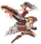  &gt;:o 2girls :o aleeza_(granblue_fantasy) armored_boots bare_shoulders belt blonde_hair breasts china_dress chinese_clothes cleavage cleavage_cutout collarbone covered_navel dress fake_horns fire gauntlets gita_(granblue_fantasy) granblue_fantasy grey_hair hairband horns kicking large_breasts long_hair multiple_girls navel ogre_(granblue_fantasy) open_mouth pointy_ears ponytail red_dress red_eyes short_hair shorts shorts_under_dress simple_background striped striped_legwear thigh-highs thigh_strap under_boob vertical-striped_legwear vertical_stripes white_background white_legwear wolfedge zebra_print 