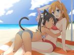  2girls animal_ears ass beach bikini bikini_top black_hair blue_eyes blush breasts brown_hair cat_ears cat_tail charlotte_e_yeager cleavage denim denim_shorts francesca_lucchini green_eyes hug long_hair mobu multiple_girls navel ocean one_eye_closed open_mouth rabbit_ears red_bikini shorts smile strike_witches striped striped_bikini striped_swimsuit swimsuit tail twintails water water_gun 