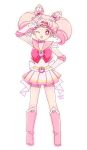  1girl 2015 bishoujo_senshi_sailor_moon boots bow brooch chibi_usa choker dated double_bun elbow_gloves full_body gloves hair_ornament hairpin hand_on_hip jewelry knee_boots magical_girl one_eye_closed pink_boots pink_hair pleated_skirt red_bow red_eyes sailor_chibi_moon sailor_collar saki_(hxaxcxk) short_hair signature skirt smile solo standing super_sailor_chibi_moon tiara twintails v white_background white_gloves 