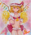  1girl adapted_costume alternate_costume artist_name ascot blonde_hair blush bra capelet cheerleader copyright_name crystal flandre_scarlet hat hat_ribbon heart looking_at_viewer marker_(medium) mayo_riyo midriff mob_cap navel open_mouth overskirt panties pastel_(medium) pointy_ears pom_poms red_eyes ribbon side_ponytail solo touhou traditional_media underwear wings 