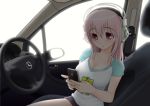  1girl apple_inc. blush breasts car car_interior cellphone headphones iphone large_breasts long_hair mercedes-benz motor_vehicle nitroplus phone pink_hair red_eyes sitting smartphone smile solo super_sonico vehicle 