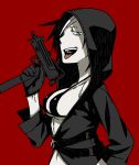  1girl :p black_gloves black_hair black_hood blue_eyes breasts gloves gun highres hoodie kamezaemon mac-10 multicolored_hair multiple_belts navel open_clothes open_hoodie original red_background sideboob solo strap_gap submachine_gun tongue tongue_out two-tone_hair under_boob weapon white_hair 