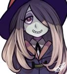  1girl brown_hair hair_over_one_eye hat little_witch_academia long_hair looking_at_viewer red_eyes signature simple_background smile solo sucy_manbabalan white_background witch witch_hat 