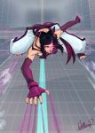  1girl all_fours ass baggy_pants black_hair bracelet breasts butt_crack capcom detached_sleeves drill_hair fingerless_gloves gloves glowing glowing_eye halter_top halterneck han_juri highres jewelry looking_at_viewer nail_polish pants smirk solo speed_lines spiked_bracelet spikes street_fighter street_fighter_iv super_street_fighter_iv toes twin_drills wallace_pires 