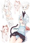  1girl animal_ears arms_up bell cat_ears cat_tail explosion food_in_mouth hibanar jingle_bell looking_at_viewer looking_back lying on_stomach panties pantyshot pleated_skirt red_eyes side_ponytail silver_hair skirt tail thigh_gap underwear white_panties 