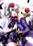  2girls angel_wings blonde_hair drill_hair flower hair_flower hair_ornament hair_over_one_eye highres idolmaster idolmaster_cinderella_girls kanzaki_ranko long_hair looking_at_viewer multiple_girls open_mouth red_eyes rosenburg_engel shirasaka_koume silver_hair sleeves_past_wrists twin_drills twintails wings zen 