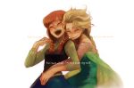  2girls anna_(frozen) blonde_hair braid closed_eyes elsa_(frozen) english frozen_(disney) happy hug hug_from_behind interlocked_fingers multiple_girls murai_shinobu orange_hair siblings sisters smile 