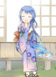 1girl ^_^ ^o^ blue_hair closed_eyes japanese_clothes kantai_collection kimono long_hair open_mouth samidare_(kantai_collection) sitting smile solo very_long_hair wataame27 yukata 