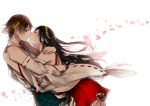  2girls black_hair blue_eyes brown_hair closed_eyes hairband haruna_(kantai_collection) hiei_(kantai_collection) hug japanese_clothes kantai_collection long_hair multiple_girls nontraditional_miko petals short_hair shuu-0208 smile tears yuri 