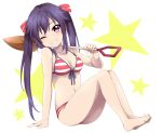  arm_support barefoot bikini ebisuzawa_kurumi gakkou_gurashi! highres long_hair one_eye_closed over_shoulder purple_hair sekina shovel star striped striped_bikini striped_swimsuit swimsuit twintails worktool 