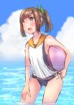  1girl ball brown_eyes brown_hair clouds highres i-401_(kantai_collection) kantai_collection mochiko_(mocchikkoo) ocean one-piece_swimsuit open_mouth ponytail sailor_collar school_swimsuit school_uniform short_hair sky solo swimsuit swimsuit_under_clothes water 