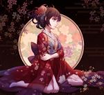  1girl ahoge brown_hair cherry_blossoms flower hair_flower hair_ornament highres japanese_clothes kimono kneeling mconch original solo 