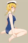  blonde_hair glasses hat i-8_(kantai_collection) kantai_collection low_twintails ojipon school_swimsuit sitting swimsuit twintails wariza 