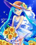  1girl 2015 :d absurdres aqua_eyes aqua_hair bouquet clouds dated dress flower happy_birthday hat hatsune_miku highres long_hair looking_at_viewer nou open_mouth sky smile solo sun_hat twintails very_long_hair vocaloid 
