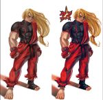  1boy abs alternate_costume ama&#039;san barefoot blonde_hair clenched_hands clothes_around_waist dougi eyebrows fingerless_gloves full_body gloves ken_masters long_hair low-tied_long_hair male_focus muscle nose single_sock skin_tight socks solo stereogram street_fighter street_fighter_v t-shirt toeless_socks 