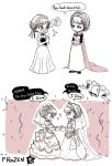 2girls anna_(frozen) blush bridal_veil bride elsa_(frozen) english flirting frozen_(disney) incest monochrome multiple_girls murai_shinobu siblings sisters wedding wedding_dress wife_and_wife yuri