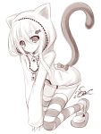  1girl animal_ears animal_hood blush cat_ears cat_hood highres hood lethe-shion monochrome short_hair simple_background smile solo striped striped_legwear tail thigh-highs white_background 