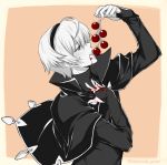  1boy blush cape eating fire_emblem fire_emblem_if leon_(fire_emblem_if) monochrome open_mouth shuri_yasuyuki solo tomato 