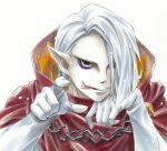  1boy cape dekunoki_dj eyeshadow ghirahim gloves headshot licking_lips looking_at_viewer makeup one_eye_covered pale_skin pointing pointing_at_viewer pointy_ears sanpaku solo the_legend_of_zelda the_legend_of_zelda:_skyward_sword tongue tongue_out white_gloves white_hair 