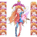  1girl :d ^_^ alphes_(style) american_flag_dress american_flag_legwear blonde_hair blush closed_eyes clownpiece crying d: dairi expressions long_hair open_mouth pantyhose parody pigeon-toed smile smug solo style_parody tachi-e torch touhou very_long_hair violet_eyes wavy_hair 